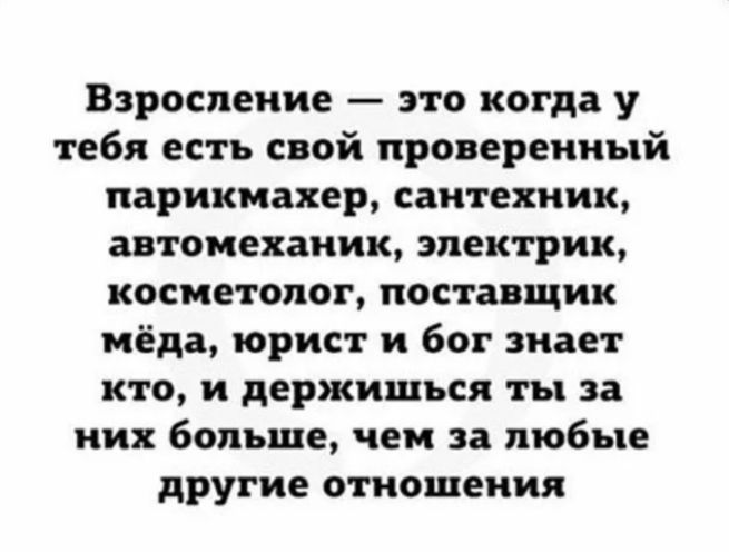 Взроспение это когда у тебя есть свой проверенный парикмахер сантехник автомеханик электрик косметолог поставщик мёда юрист и бог знает кто и держиться ты за них больше чем за любые другие отношения