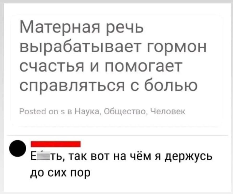Матерная речь вырабатывает гормон счастья и помогает справляться с болью ДНУкт иущпгтдт нп ин _ Езь так вот на чём я держусь до сих пор