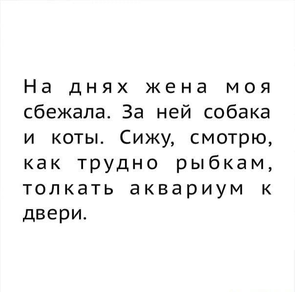 На днях жена моя сбежала За ней собака и коты Сижу смотрю как трудно рыбкам толкать аквариум к двери