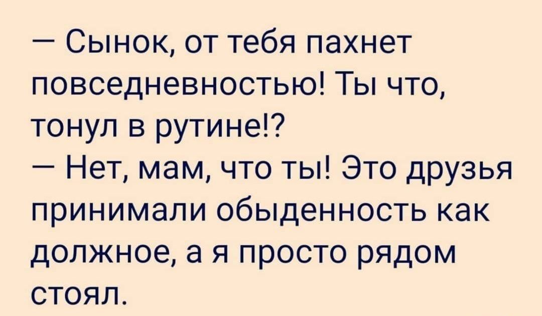 Сынок от тебя пахнет повседневностью Ты что тонул в рутине Нет мам что ты Это друзья принимали обыденность как должное а я просто рядом стоял