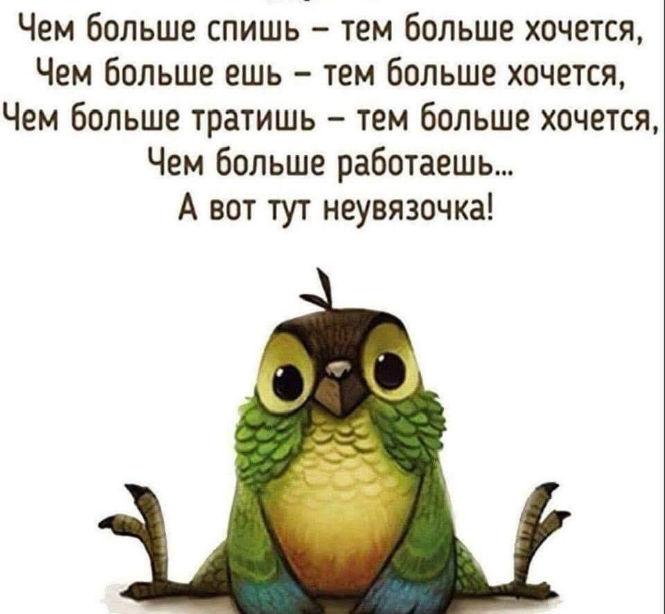 Чем больше спишь тем больше хочется Чем больше ешь тем больше хочется Чем больше тратишь тем больше хочется Чем больше работаешь А вот тут неувязочка