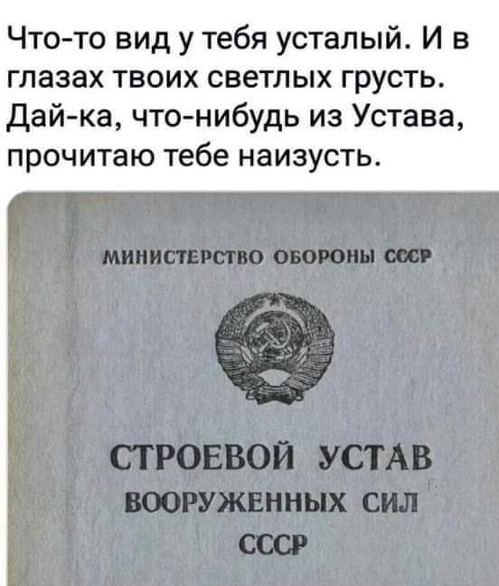Что то вид у тебя усталый И в глазах твоих светлых грусть дай ка что нибудь из Устава прочитаю тебе наизусть