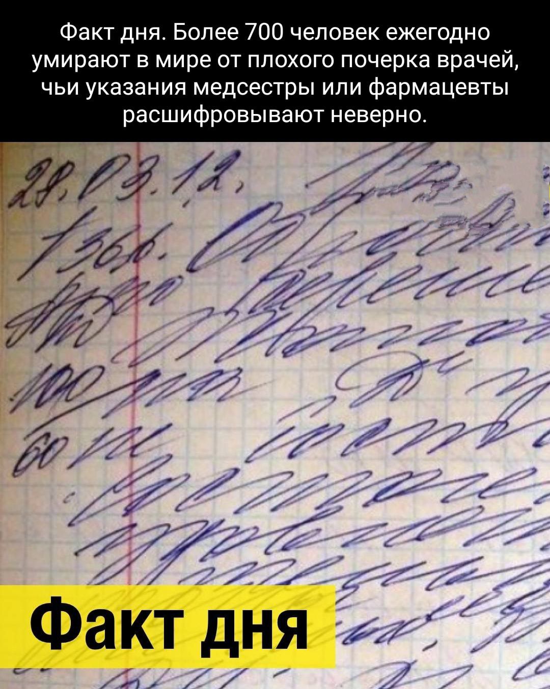 Факт дня Более 700 человек ежегодно умирают в мире от плохого почерка врачей чьи указания медсестры или фармацевты расшифровывают неверно