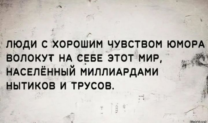 люди с хорошим чувством юмом волокут НА свае этот мир НАСЕПЁННЫЙ миппидрддми НЫТИКОВ И ТРУСОЕ