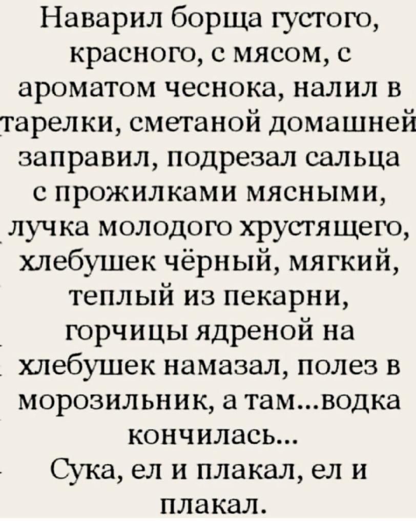 Наварил борща густого краснею с мясом с ароматом чеснока налил в тарелки сметаной домашней заправил подрезал сальца с прожилками мясными луч ка молодого хрусгящего хлебушек чёрный мягкий теплый из пекарни горчицы ядреной на хлебушек намазал полез в морозильник а тамводка кончилась Сука ел и плакал ел и плакал