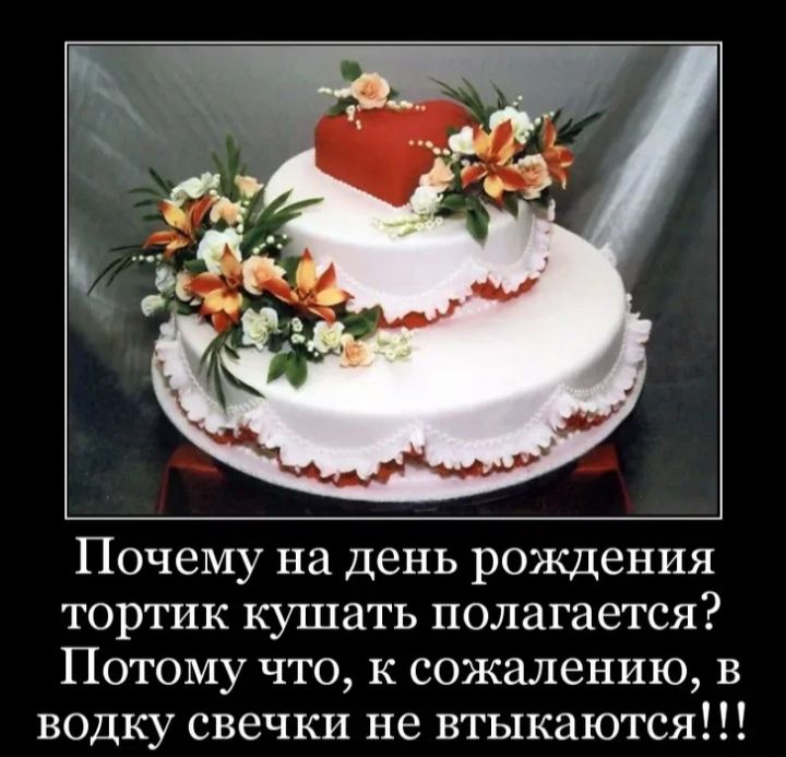 Почему на день рождения тортик кушать полагается Потому что к сожалению в водку свечки не втыкаются