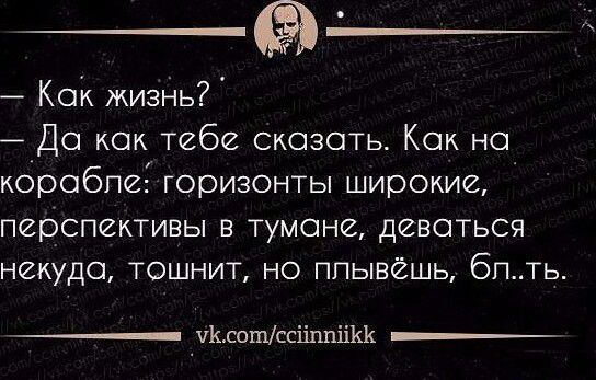 КОК жизнь Да как тебе сказать Как на коробпе горизонты широкие ПСРСПЙКТИВЫ В ТУМОН дВВОТЬСЯ некуда тошнит но ппывёшь бпть ЧКСОШссііппіікк