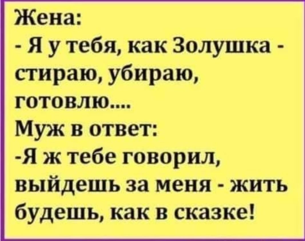 Жена Я у тебя как Золушка стираю убираю готовлю Муж в ответ Я ж тебе говорил выйдешь за меня жить будешь как в сказке