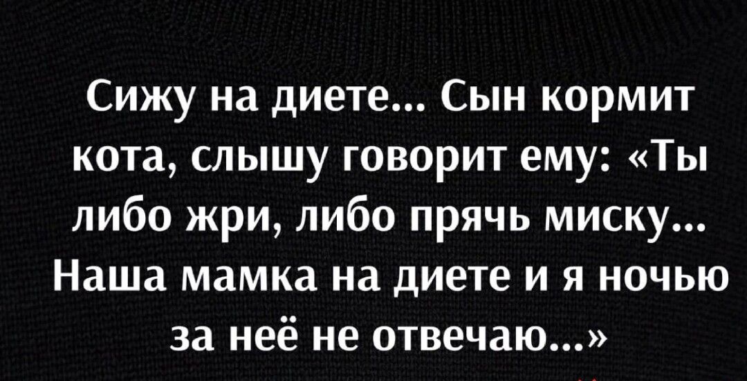Сижу на диете Сын кормит кота слышу говорит ему Ты либо жри либо прячь миску Наша мамка на диете и я ночью за неё не отвечаю