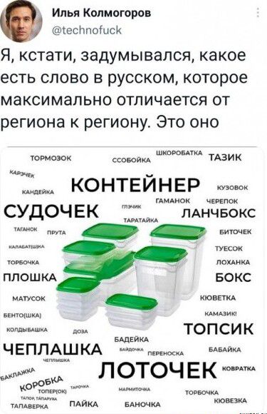 Илья Колмогоров тесЬпоШск Я кстати задумывался какое есть слово в русском которое максимально отличается от региона к региону Это оно томами тАзик м контейнер пиджак чшпок СУДОЧ Е К пАнчвокс идиш нити и к плошкд БОКС м _ м п ТОПСИК вшым ЧЕПЛАШКА шим М Л ОТОЧ Е К Ё мим АЙ 54 из