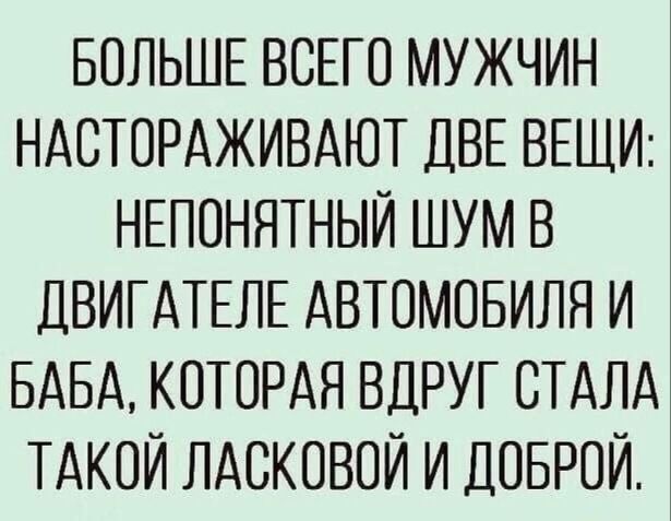 БОЛЬШЕ ВСЕГО МУЖЧИН НАСТОРАЖИВАЮТ ДВЕ ВЕЩИ НЕПОНЯТНЫИ ШУМ В ДВИГАТЕЛЕ АВТОМОБИЛЯ И БАБА КОТОРАЯ ВДРУГ СТАЛА ТАКОИ ЛАСКОВОИ И ДПБРОИ