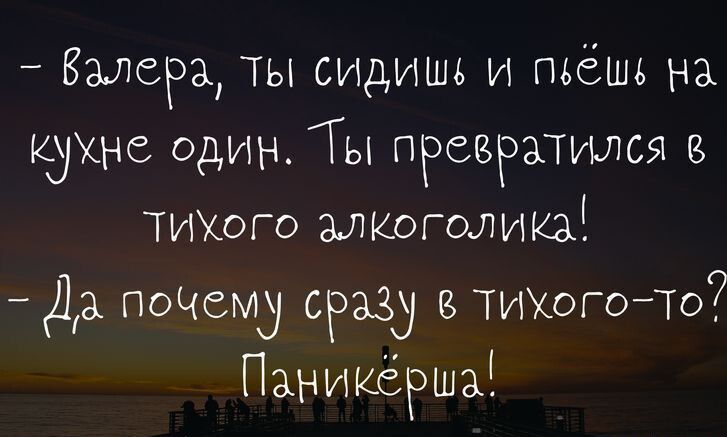 Валера ты сидишь и пьёшь на кухне один Ты превратился в ТИХого алшэголика 113 почемд сразу в тикетТо ПаникёРша