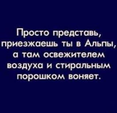 Просто представь приезжаешь ты Альпы том освежителем воздуха и стиральным порошком воняет