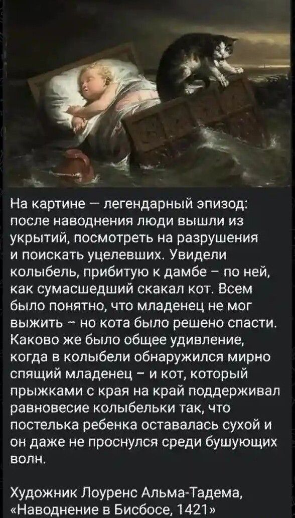 4 _ 1 4 На картине легендарный эпизод после наводнения люди вышли из укрытий посмотреть на разрушения и поискать уцелевших Увидели колыбель прибитую дамбе по ней как сумасшедший скакал кот Всем было понятно чго младенец не мог выжить но кота было решено спасти Каково же было общее удивление когда в колыбели обнаружился мирно спящий младенец и кот который прыжками края на край поддерживал равновеси