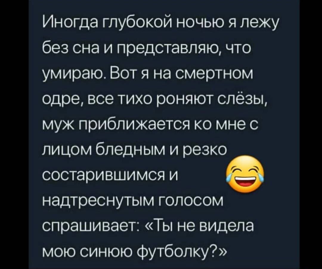 Иногда глубокой ночью я лежу без сна и представляю что умираю Вот я на смертном одре все тихо роняют слёзы муж приближается ко мне с лицом бледным и резко состарившимся и надтреснутым голосом спрашивает Ты не видела мою синюю Футбопку