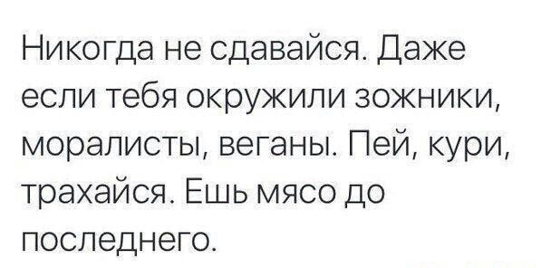 Никогда не сдавайся Даже если тебя окружили зожники моралисты веганы Пей кури трахайся Ешь мясо до последнего