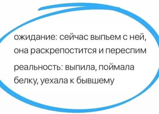 ожидание сейчас выпьем с ней она раскрепостится и переспим реальность выпила поймала белку уехала к бывшему