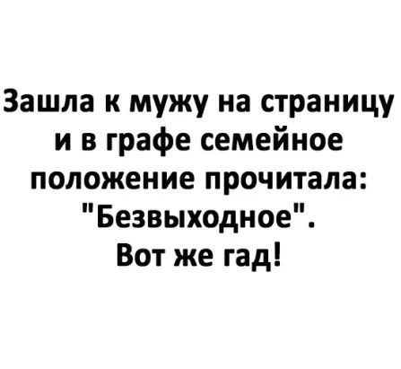 Зашла к мужу на страницу и в графе семейное положение прочитала Безвыходное Вот же гад