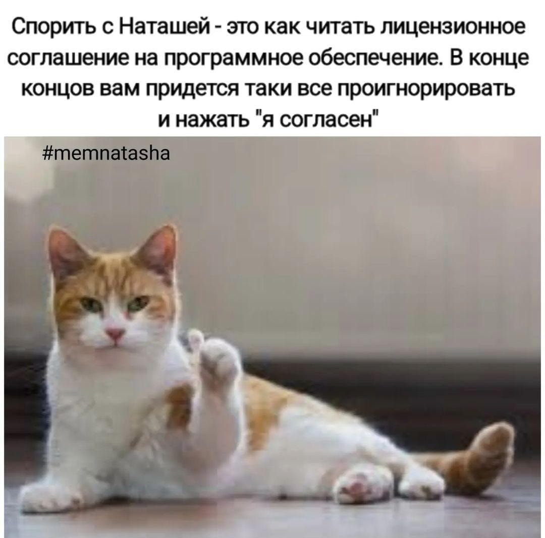 Спорить Наташей это как читать лицензионное соглашение на программное обеспечение В конце концов вам придется таки вое проипюрироватъ и нажать я сотноеи