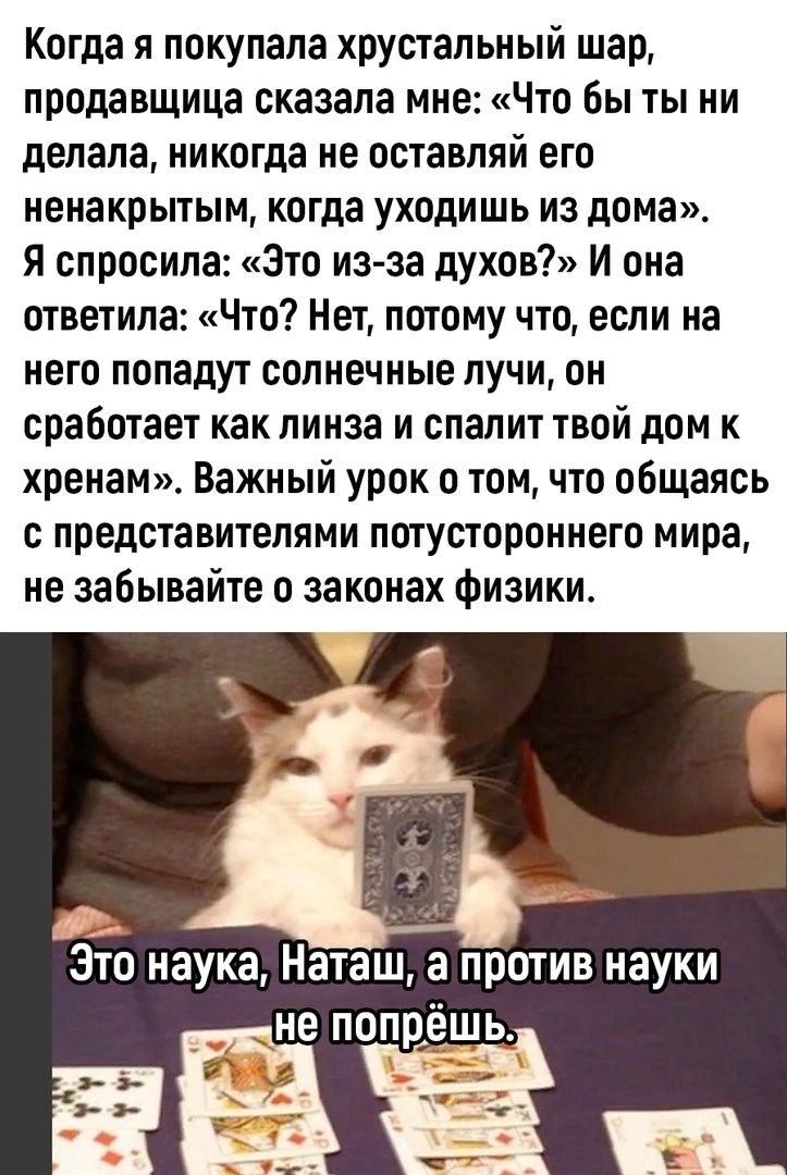 Когда я покупала хрустальный шар продавщица сказала мне Что бы ты ни делала никогда не оставляй его иенакрытым когда уходишь из дома Я спросила Это из за духов И она ответила Что Нет потому что если на него попадут солнечные лучи он сработает как линза и спалит твой дом к хренам Важный урок 0 том что общаясь с представителями потустороннего мира не забывайте о законах физики