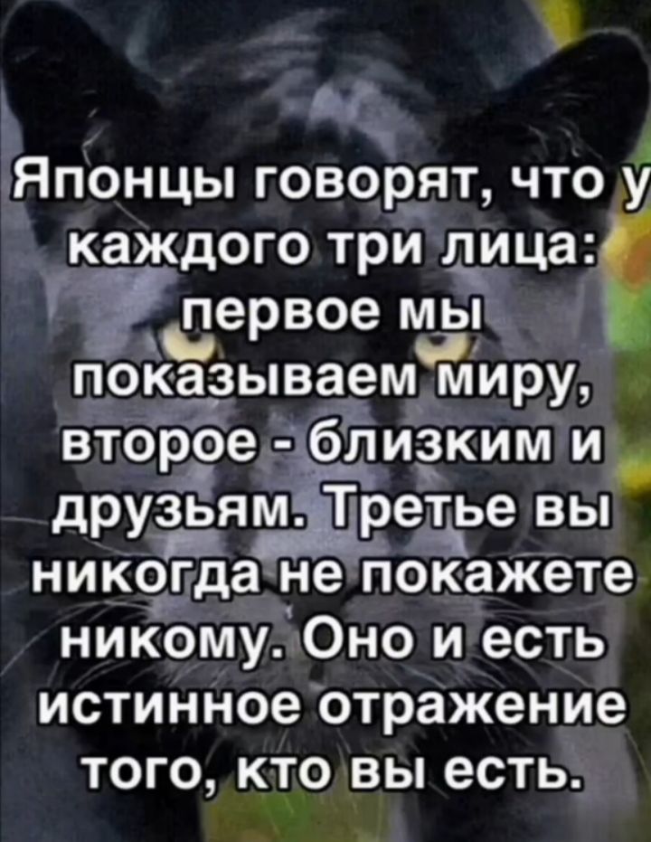 Г Ё Японцы говорят чтоу каждого три лица сервое вёл показываем миру втоеге близким и друяизтірече вы никогда не покажете никому Оно и есть ИСТИННОЭ отражение ТОГО КТО ВЫ есть
