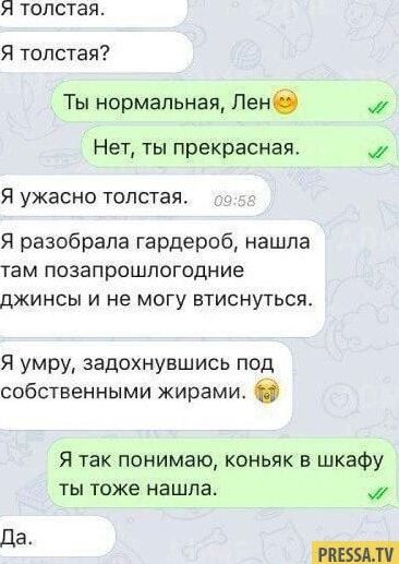 Я толстая Я толстая Ты нормальная Ланс Нет ты прекрасная Я ужасно толстая Я разобрала гардероб нашла там ПОЗЭПРОШПОГОДНИЕ джинсы И не МОГУ НТИСНУТЬСЯ Я умру задохнувшись под собственными жирами О Я так понимаю коньяк в шкафу ты тоже нашла да _