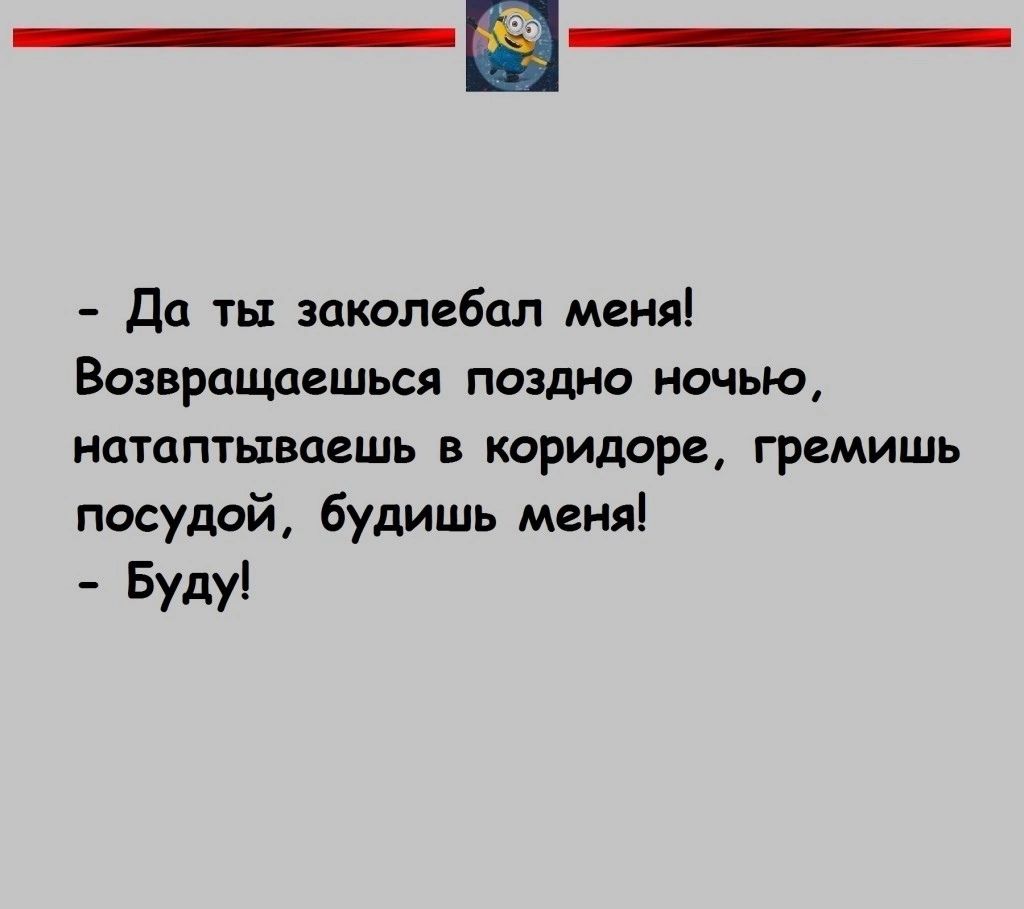 Да ты заколебцл мгня Вазврпщаешься поздио ночью натаптываешь в коридоре гремишъ посудой будишь меня Буду