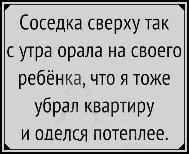 Соседка сверху так с утра орала на своего ребёнка что я тоже убрал квартиру и оделся потеплее