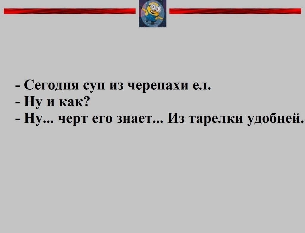 Сегодня суп из черепахи ел Ну и как Ну черт его знает Из тарелки удпбией