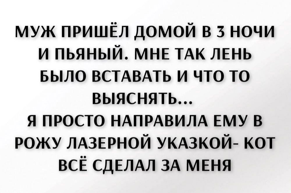 муж пришёл домой в 3 ночи и пьяный мнв ТАК лвнь БЫЛО ВСТАВАТЬ и что то выяснять я просто НАПРАВИЛА ЕМУ в рожу ЛАЗЕРНОЙ УКАЗКОЙ кот всЁ СДЕЛАЛ ЗА меня