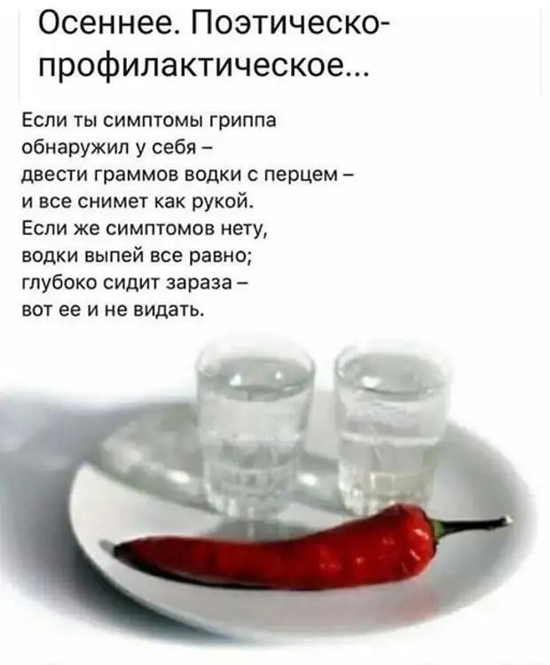 Осеннее Поэтическо профилактическое Если ты симптомы гриппа обнаружил у себя двести граммов водки перцем и все сними как рукой Если же симтпмпв нету водки выпей все равны глубоко сидит зараза вот ее и не видать