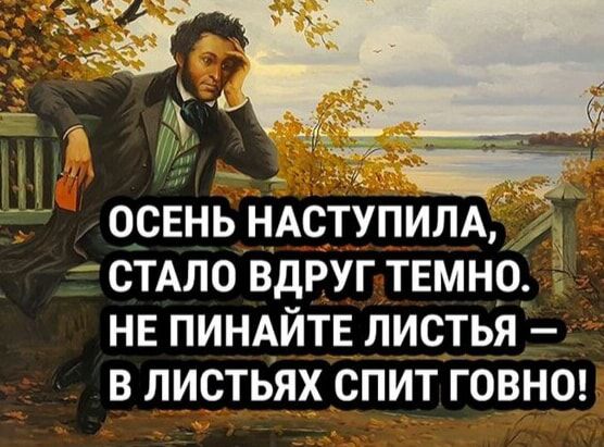ОСЕНЬ НАСТУПИЛА СТАЛ0 ВДРУГ ТЕМНО НЕ ПИНАЙТЕ ЛИСТЬЯ В ЛИСТЬЯХ СПИТ ГОВНО