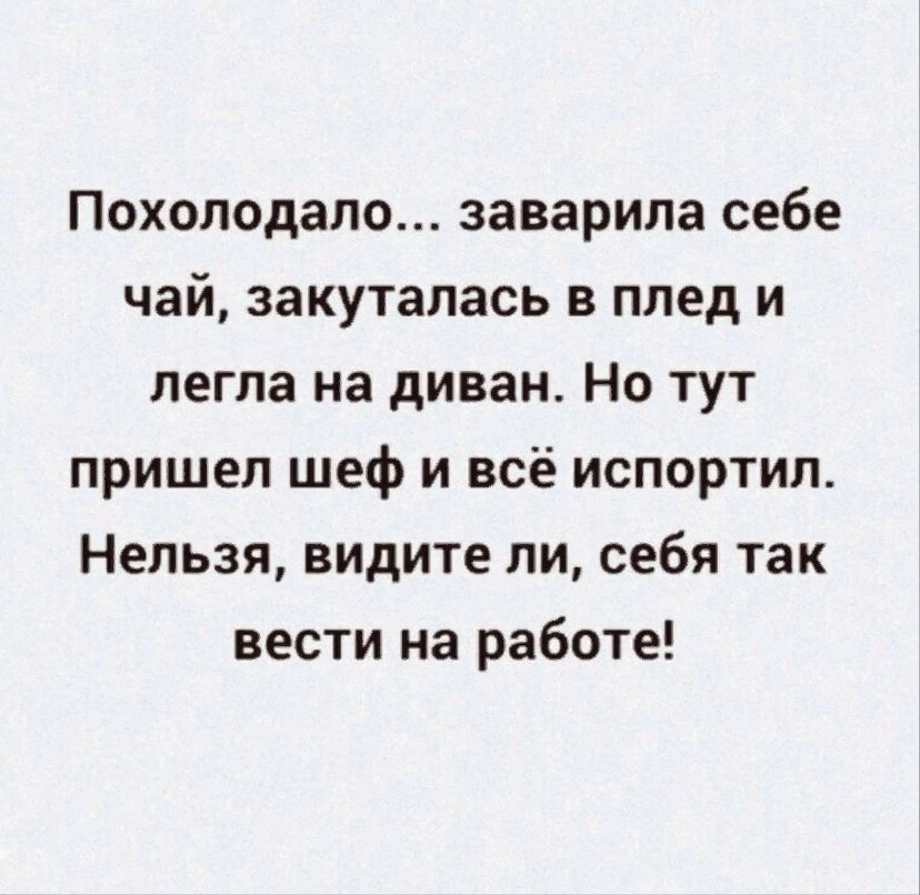 Похоподало заверила себе чай закуталась в плед и легла на диван Но тут пришел шеф и всё испортил Нельзя видите ли себя так вести на работе