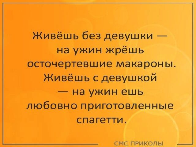 Живёшь без девушки на ужин жрёшь осточертевшие макароны Живёшь девушкой на ужин ешь любовно приготовленные спагетти смс приколы