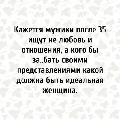 Кажется мужики после 35 ищут не любовь и отношения а кого бы 3а6ать своими представлениями какой должна быть идеальная женщина