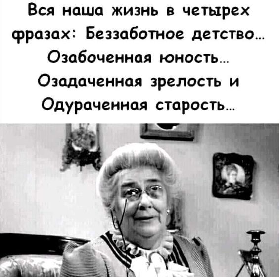 Вся наша жизнь в четырех фразах Беззаботное детство Озабоченная юность Оплаченная зрелость и Одураченная старость