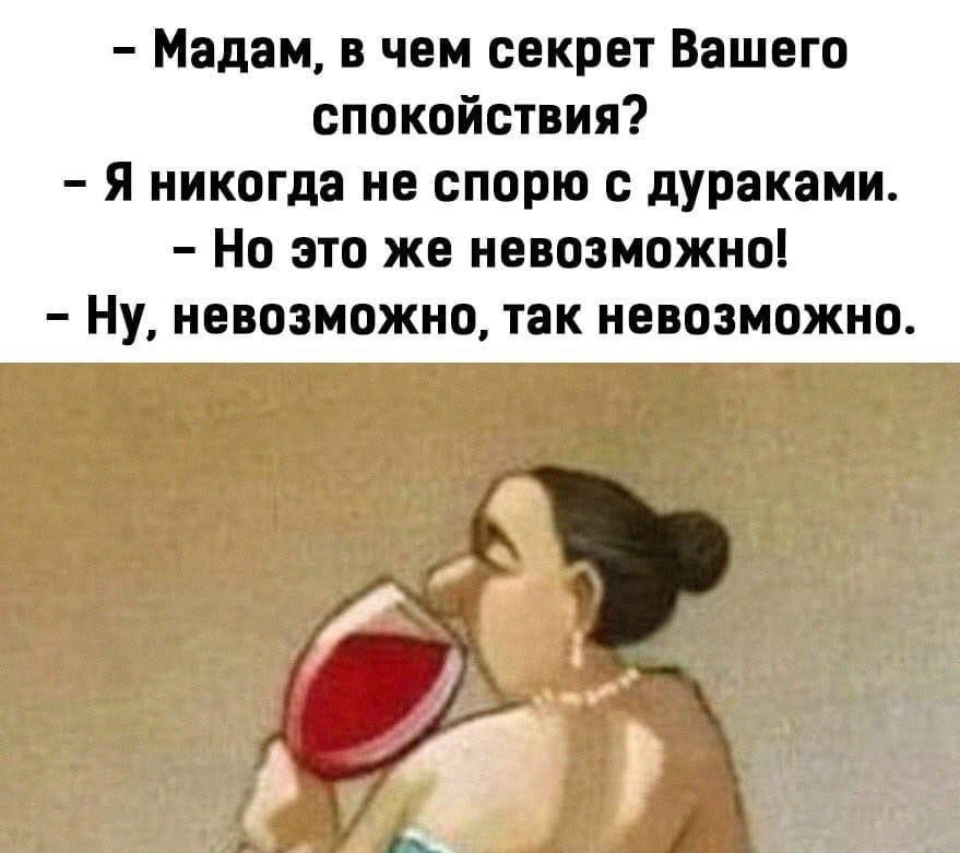 Мадам в чем секрет Вашего спокойствия я никогда не спорю дураками Но это же невозможно Ну невозможно так невозможно