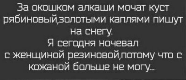 За вкошкпм алкаши мочат куст рябиновыйдппотыми каплями пишут на снегу Я сегодня ночевал с женщиной ррзинпвойлптому что с кожаной больше не могу