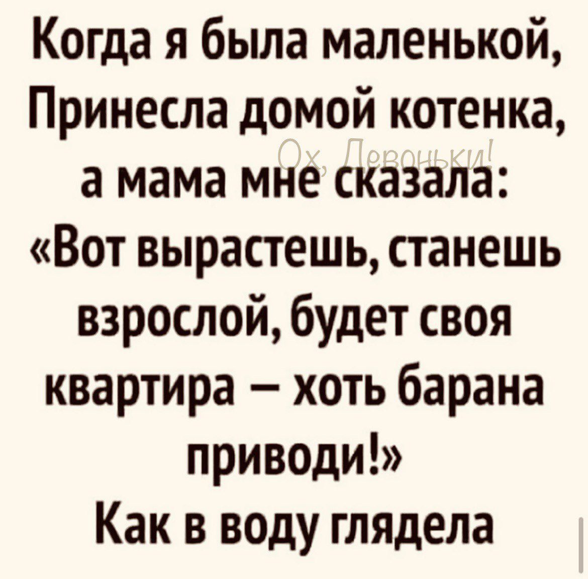 Когда я была маленькой Принесла домой котенка а мама мне сказала Вот вырастешь станешь взрослой будет своя квартира хоть барана приводи Как в воду глядела