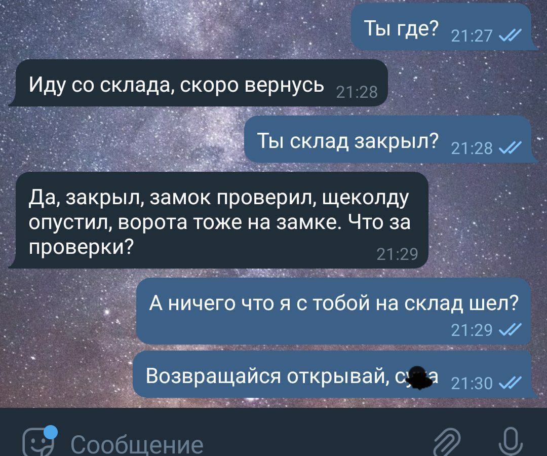 Иду со склада скоро вернусь и и да закрыл замок проверил щеколду опустил ворота тоже на замке Что за проверки 29 Сооб ение