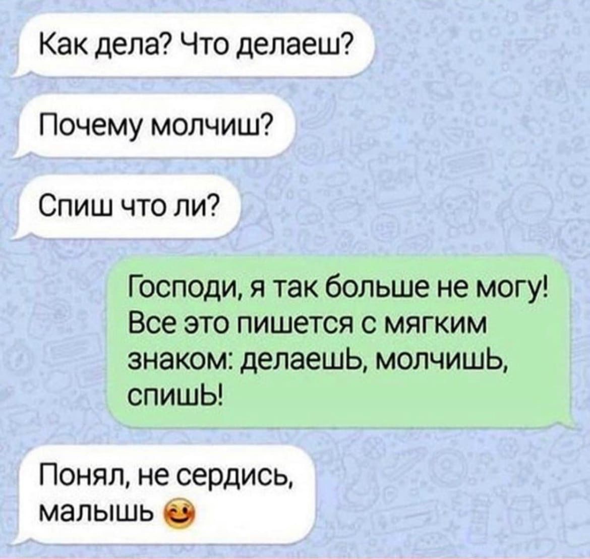 Как дела Что делаеш Почему мопчиш Спиш что ли Господи я так больше не могу Все это пишется с мягким знаком делаешь молчишь спишЬ Понял не сердись малышь б