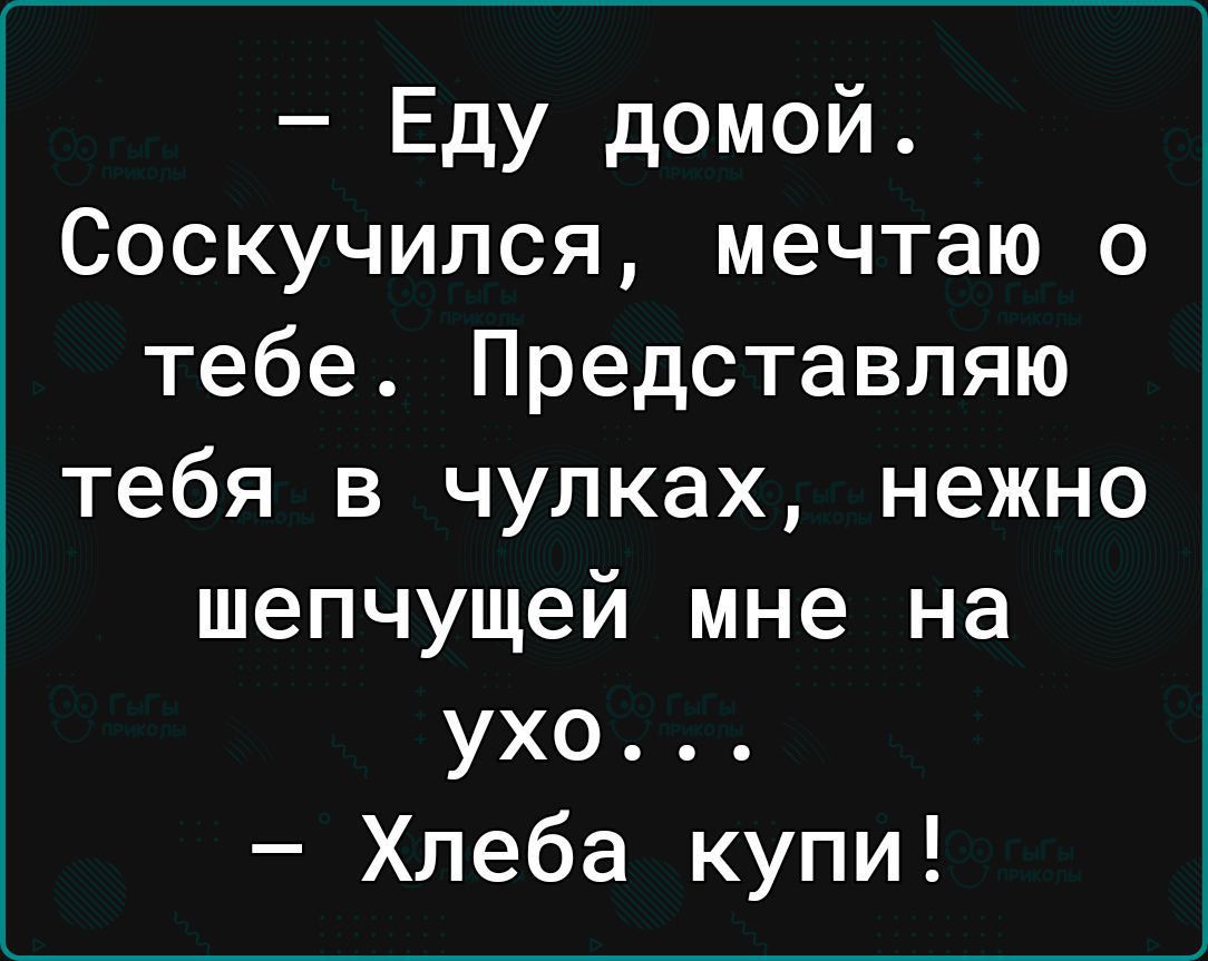 Еду домой Соскучился мечтаю о тебе Представляю тебя в чулках нежно шепчущей мне на ухо Хлеба купи