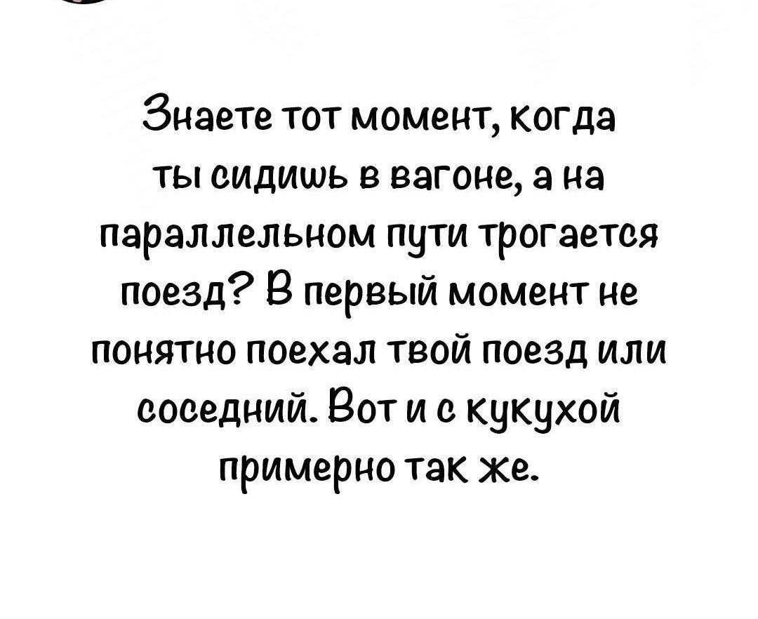 Знаете тот момент когда ты сидишь в вагоне а на параллельном пути трогаетоя поезд В первый момент не понятно поехал твой поезд или оооедний Вот и о кукухой примерно так же