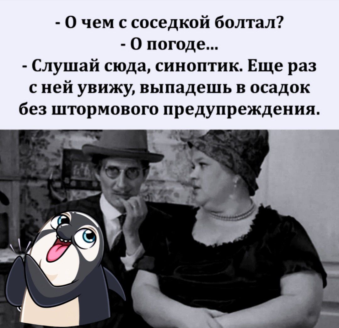 0 чем с соседкой болтал 0 погоде Слушай сюда сииоптик Еще раз с ней увижу выпадешь в осадок без штормового предупреждения