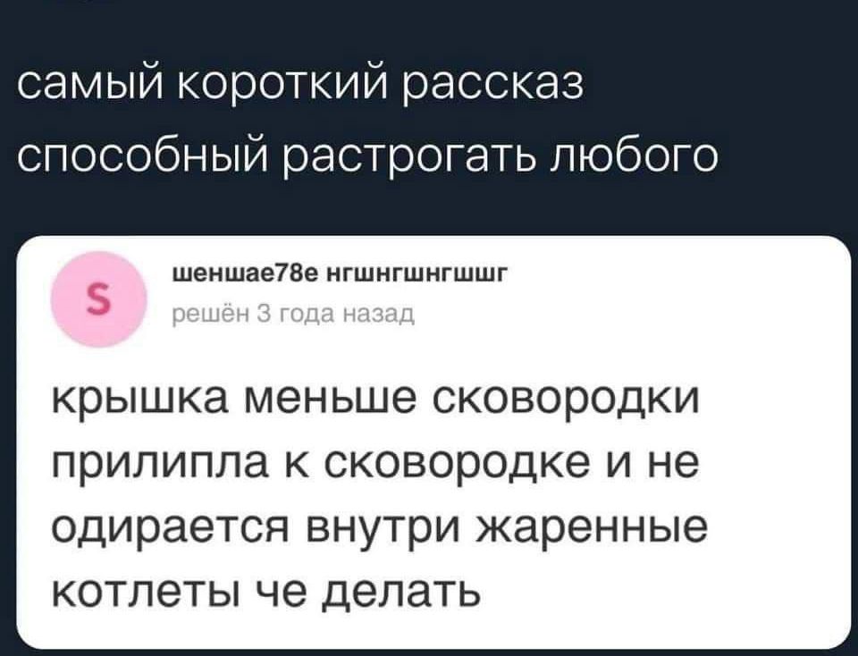 самый ко ткий рассказ способный растротать любого шаишміве гшигшигшшг крышка меньше сковородки прилипла к сковородке и не одирается внутри жаренные котлеты че делать