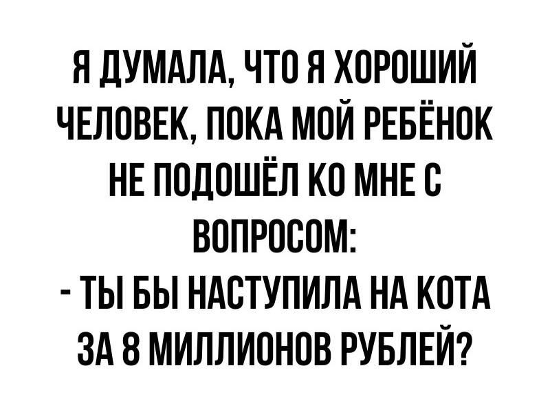 Я дУМАЛА ЧТО Я ХОРОШИЙ ЧЕЛОВЕК ПОКА МОИ РЕБЁНОК НЕ ПОДОШЁЛ КО МНЕ О ВОПРОООМ ТЫ БЫ НАОТУПИЛА НА КОТА ЗА 8 МИЛЛИОНОВ РУБЛЕЙ