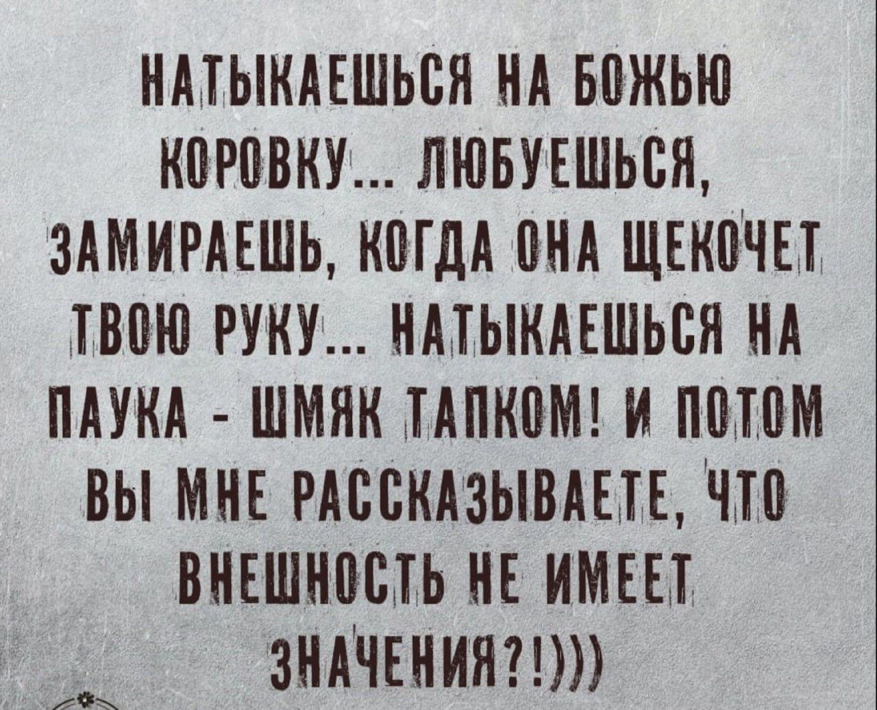 НАТЫКАЕШЬСЯ НА БОЖЬЮ КОРОВКУ ЛЮБУЕЩЬСЯ ЗАМИРАЕШЬ КОГДА ОНА ЩЕКОЧЕТ ТВОЮ РУКУ НАТЫКАЕШЬСЯ НА ПАУКА ШМЯК ТАПКОМ И ПОТОМ ВЫ МНЕ РАССКАЗЫВАЕТЕ ЧТО ВНЕШНОСТЬ НЕ ИМЕЕТ ЗНАЧЕНИЯ