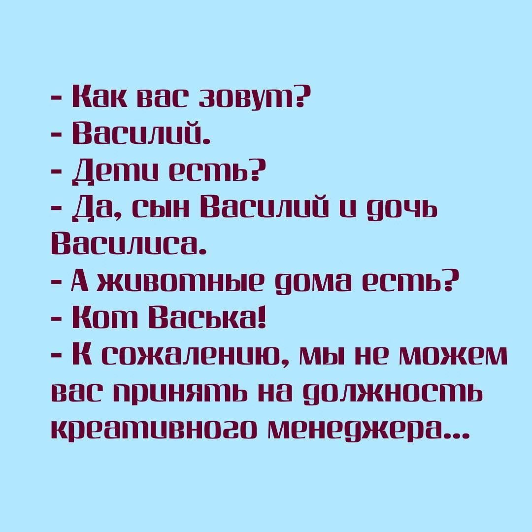 Как вас зовут Василий Дети есть Да сын Василий и 90чь Василиса Аживотные дома есть Кот Васька К сожалению мы не можем вас принять на оолжность креативного менеджера