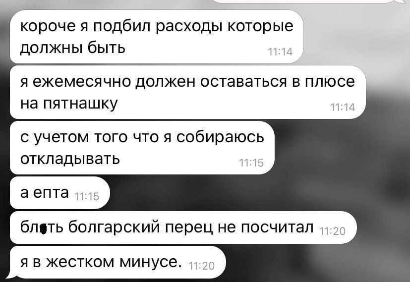 короче я подбил расходы которые должны быть я ежемесячно должен оставаться в плюсе на пятнашку суучетом того что я собираюсь откладывать аепта блеть болгарский перец не посчитал я в жестком минусе