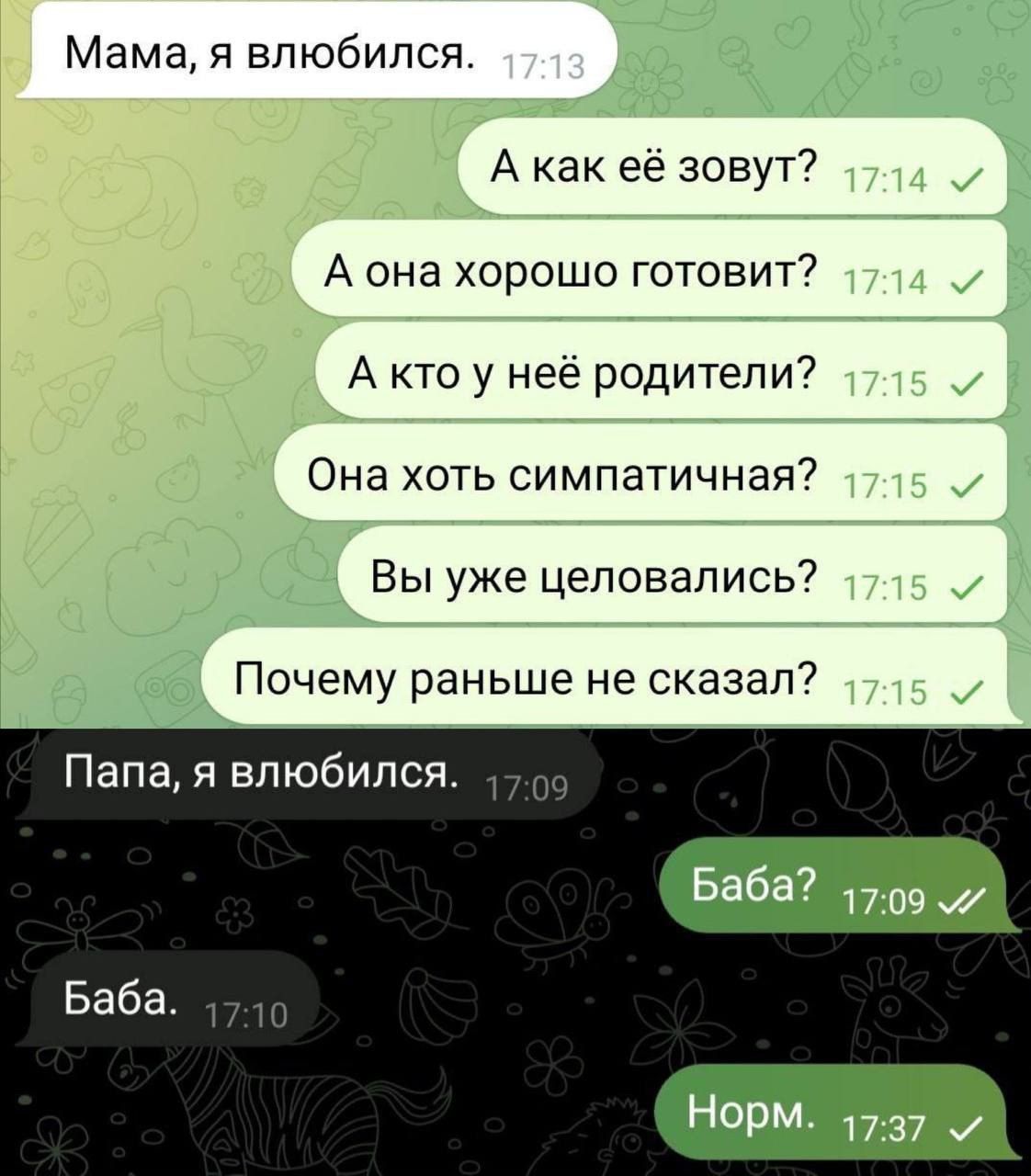 Мама я влюбился А как её зовут А она хорошо готовит Акто у неё родители Она хоть симпатичная Вы уже целовались Почему раньше не сказал Папа я влюбился